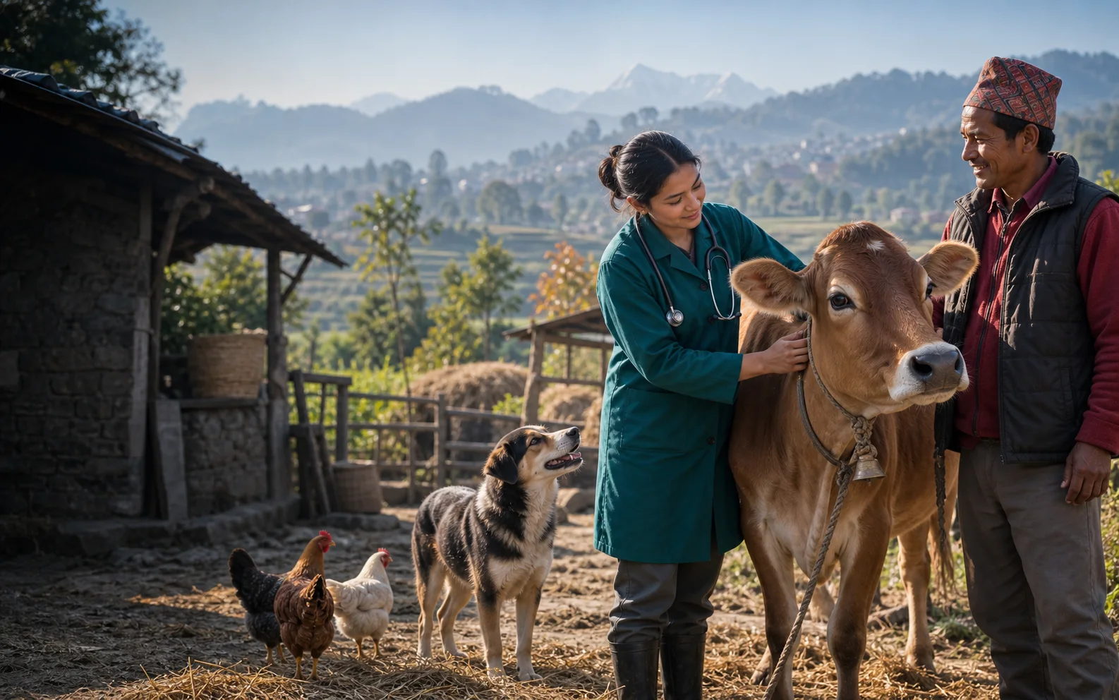नेपाली फार्ममा किसानसँग मिलेर जनावरको हेरचाह गर्दै भेटेरिनरी स्वास्थ्यकर्मी